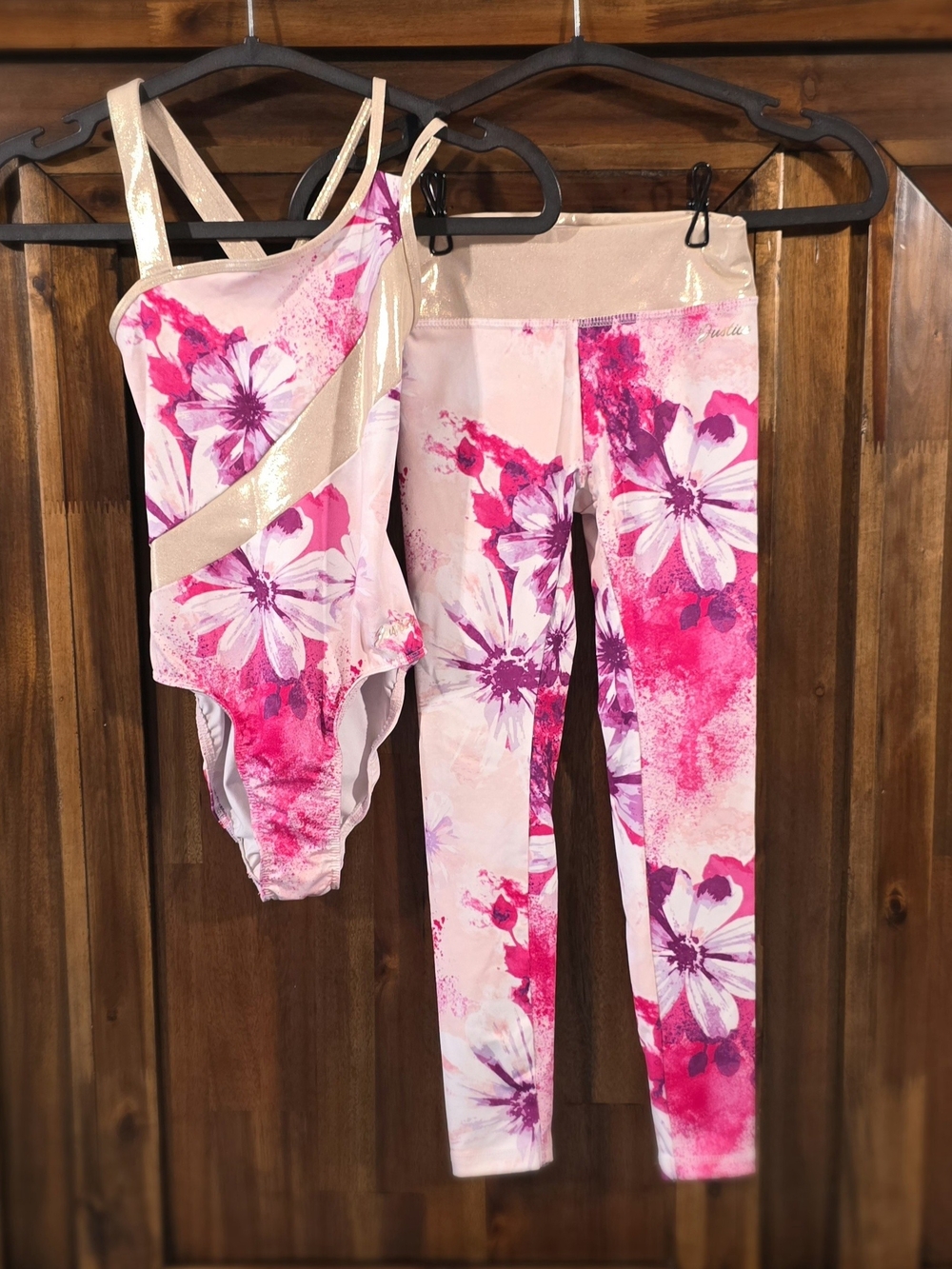 Justice Pink & Gold Floral One-Piece Leotard with Matching Leggings